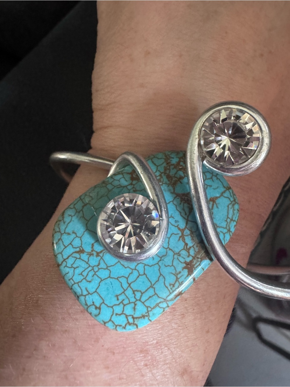 Turquoise Statement Cuff Bracelet with Clear Crystal Accents